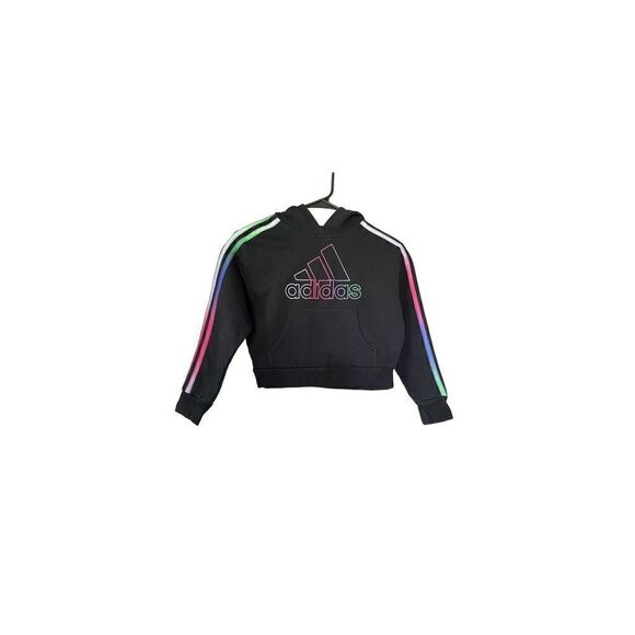 Adidas Girls Size M Pullover Hoodie Sweatshirt Black Rainbow Stripes Big Logo - Picture 1 of 4